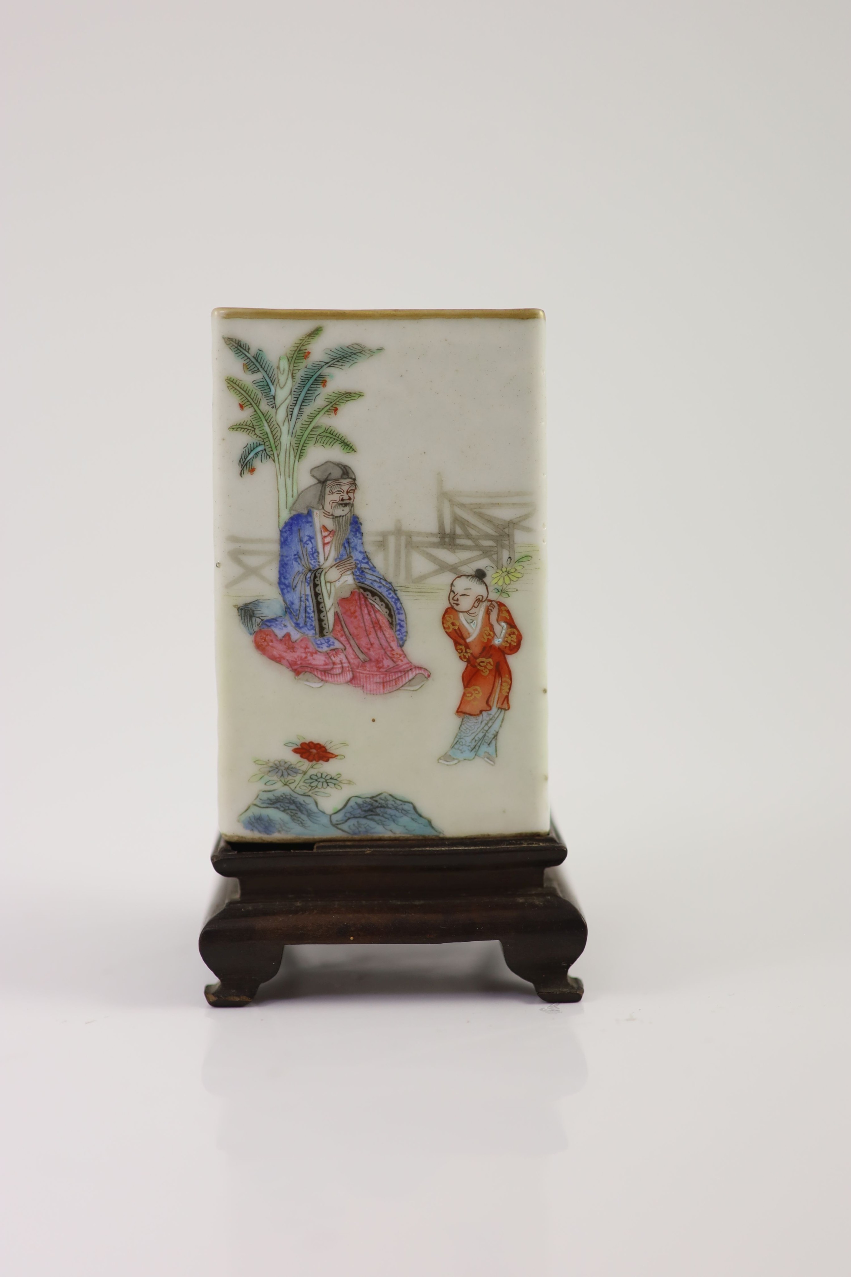 Two Chinese famille rose vases, 19th/early 20th century, 7.7cm and 6cm high, one wood stand